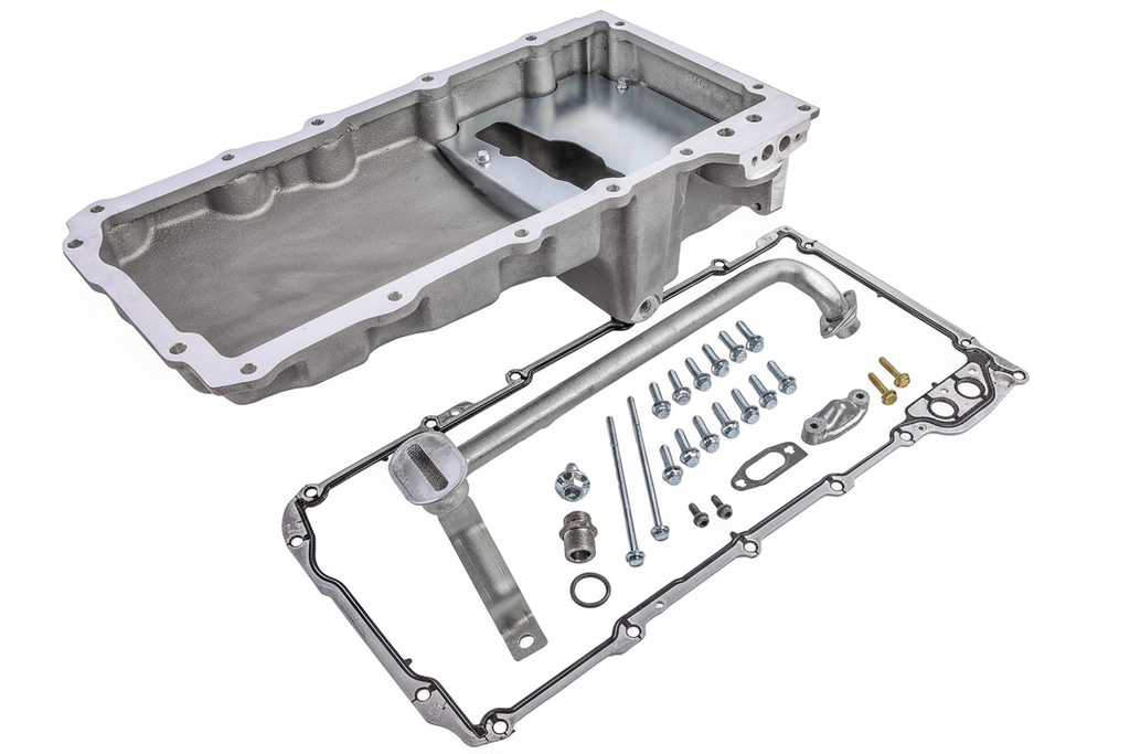 LS Swap Rear Sump Oil Pan kit flat lay with all included components