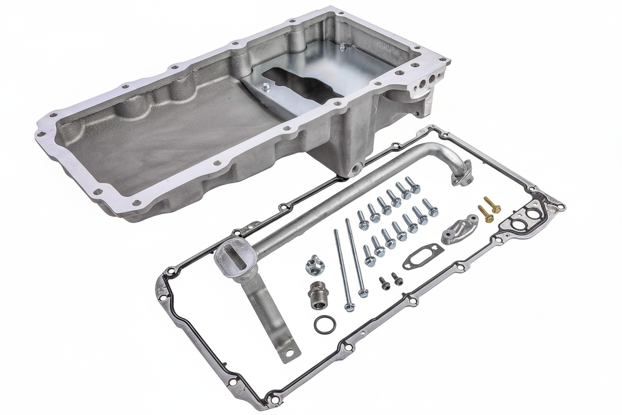 LS Swap Rear Sump Oil Pan kit flat lay with all included components