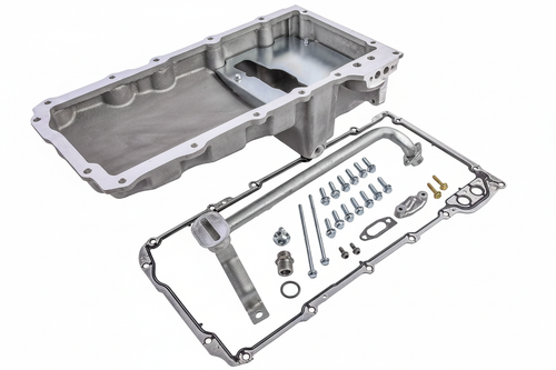 LS Swap Rear Sump Oil Pan kit flat lay with all included components